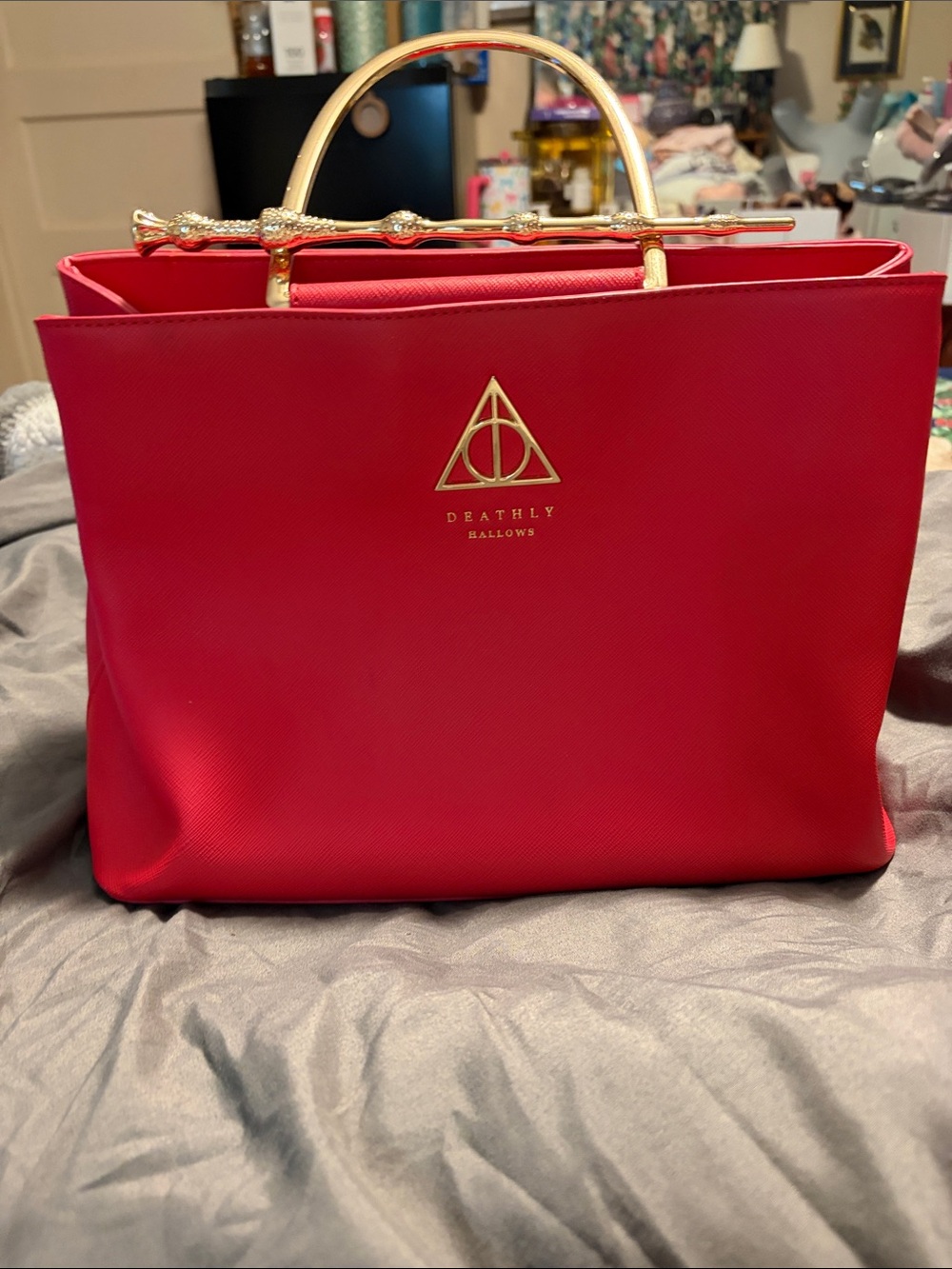 Deathly Hallows Red Structured Shoulder Bag with Gold Handles